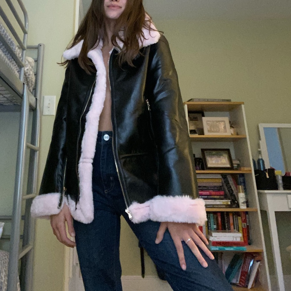 pink faux fur leather jacket